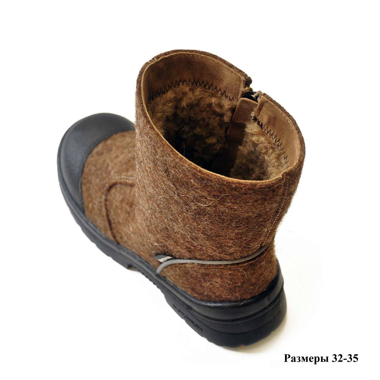 Детские валенки Nordman c натуральным мехом на молнии с кожаным носом коричневые - фото 5